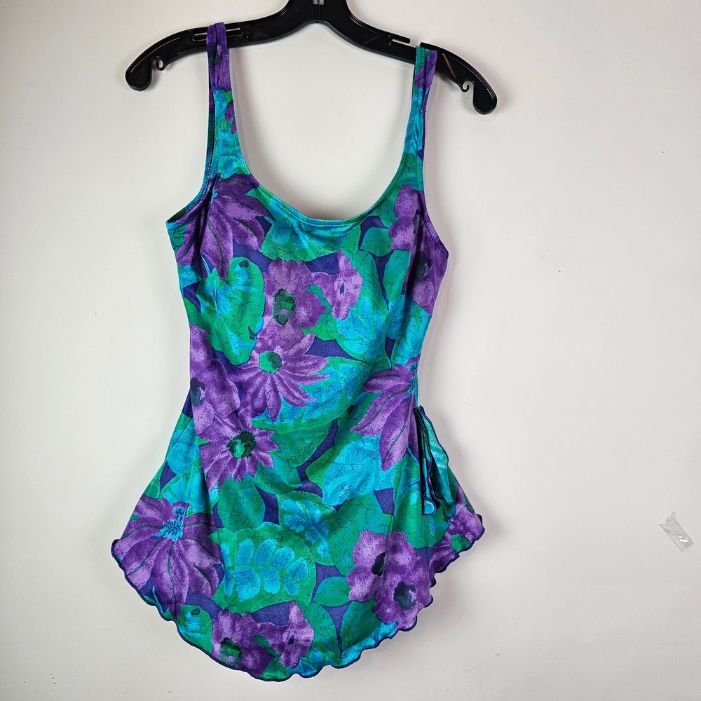 Maxine of Hollywood VTG Floral Swim Dress Purple Teal Green Size 16 Made in USA